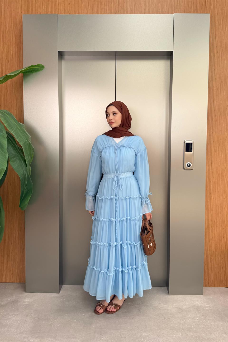 V-Neck Laced Chiffon Dress - Blue