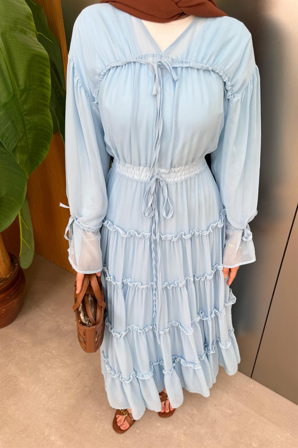 V-Neck Laced Chiffon Dress - Blue