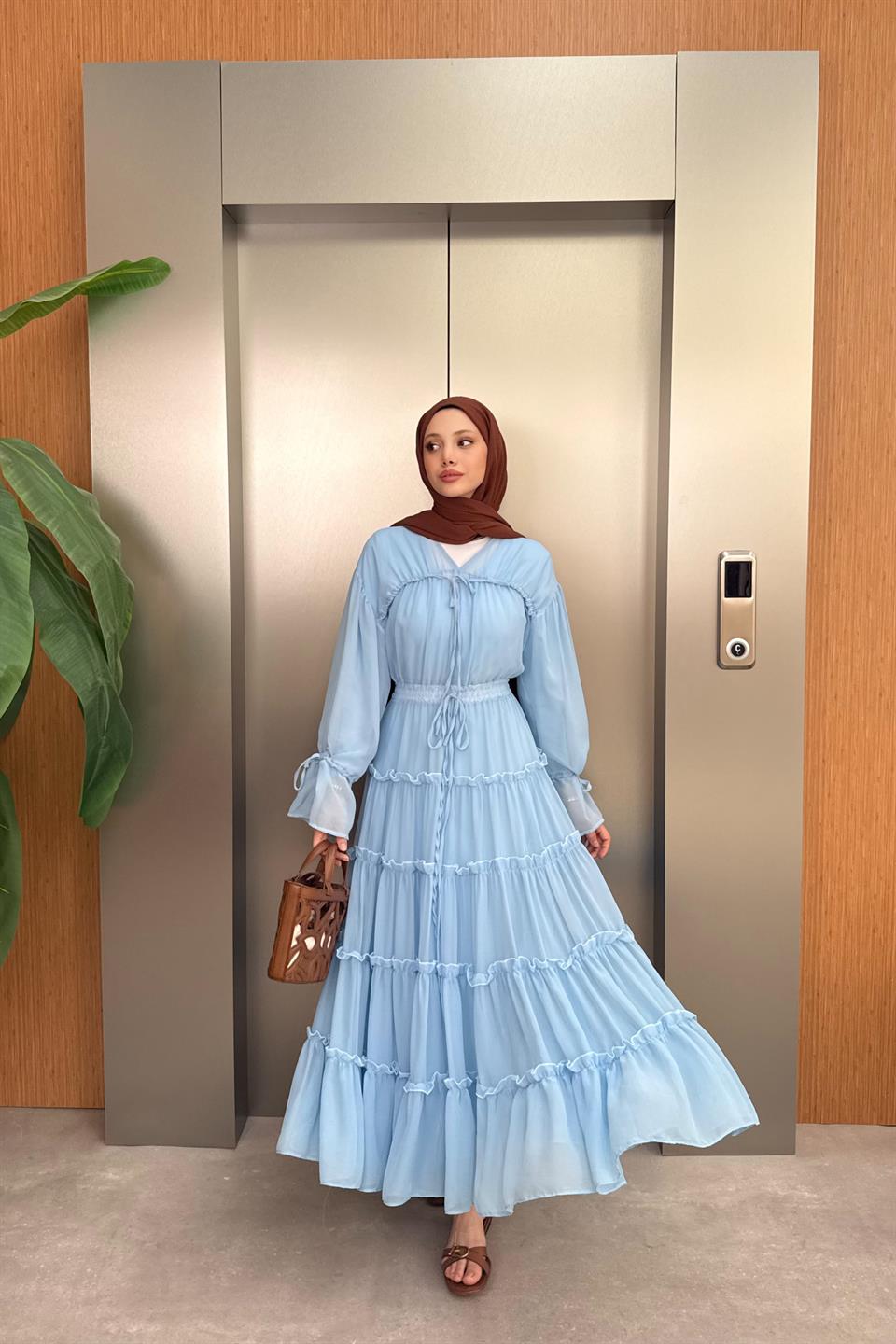 V-Neck Laced Chiffon Dress - Blue