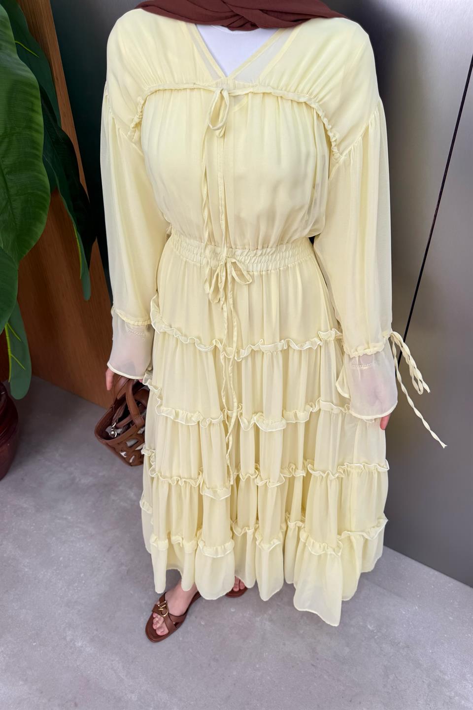 V-Neck Laced Chiffon Dress - Yellow
