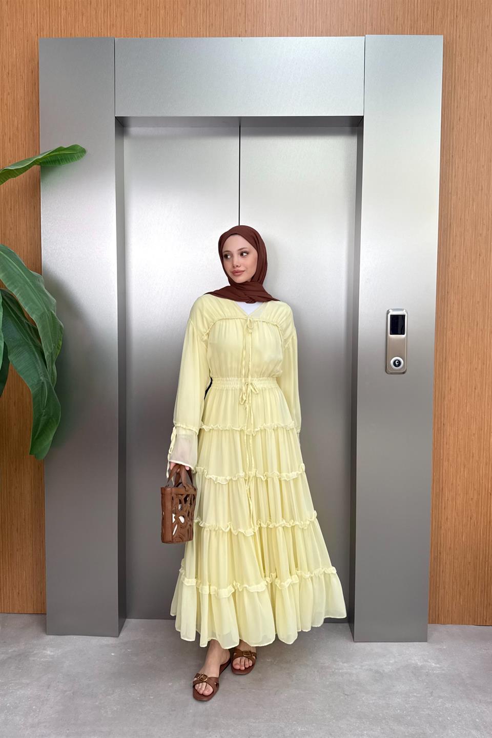 V-Neck Laced Chiffon Dress - Yellow