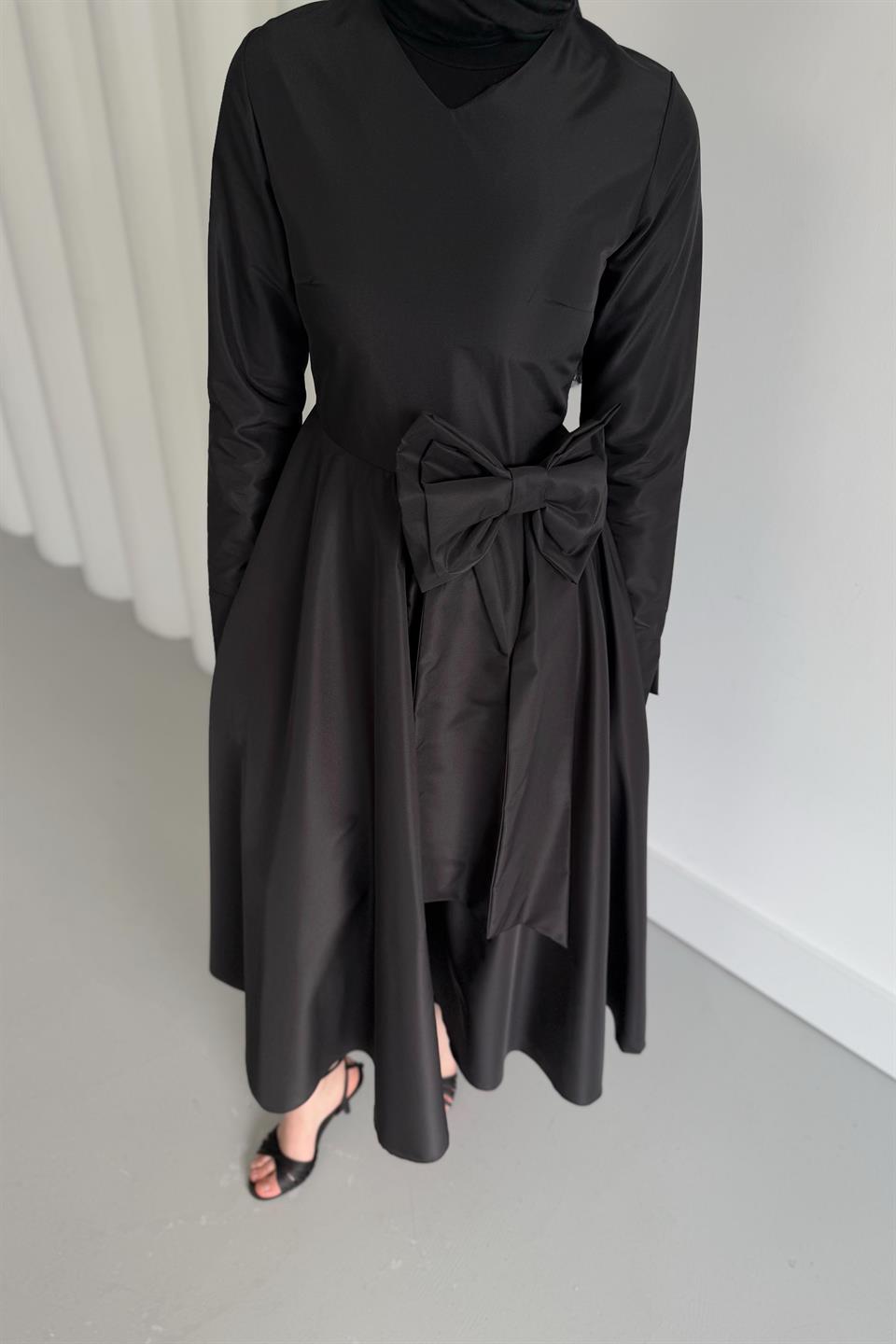 V Yaka Tafta Elbise - Siyah
