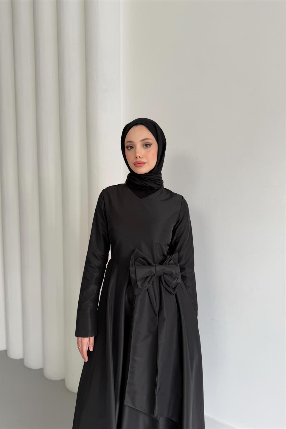 V Yaka Tafta Elbise - Siyah