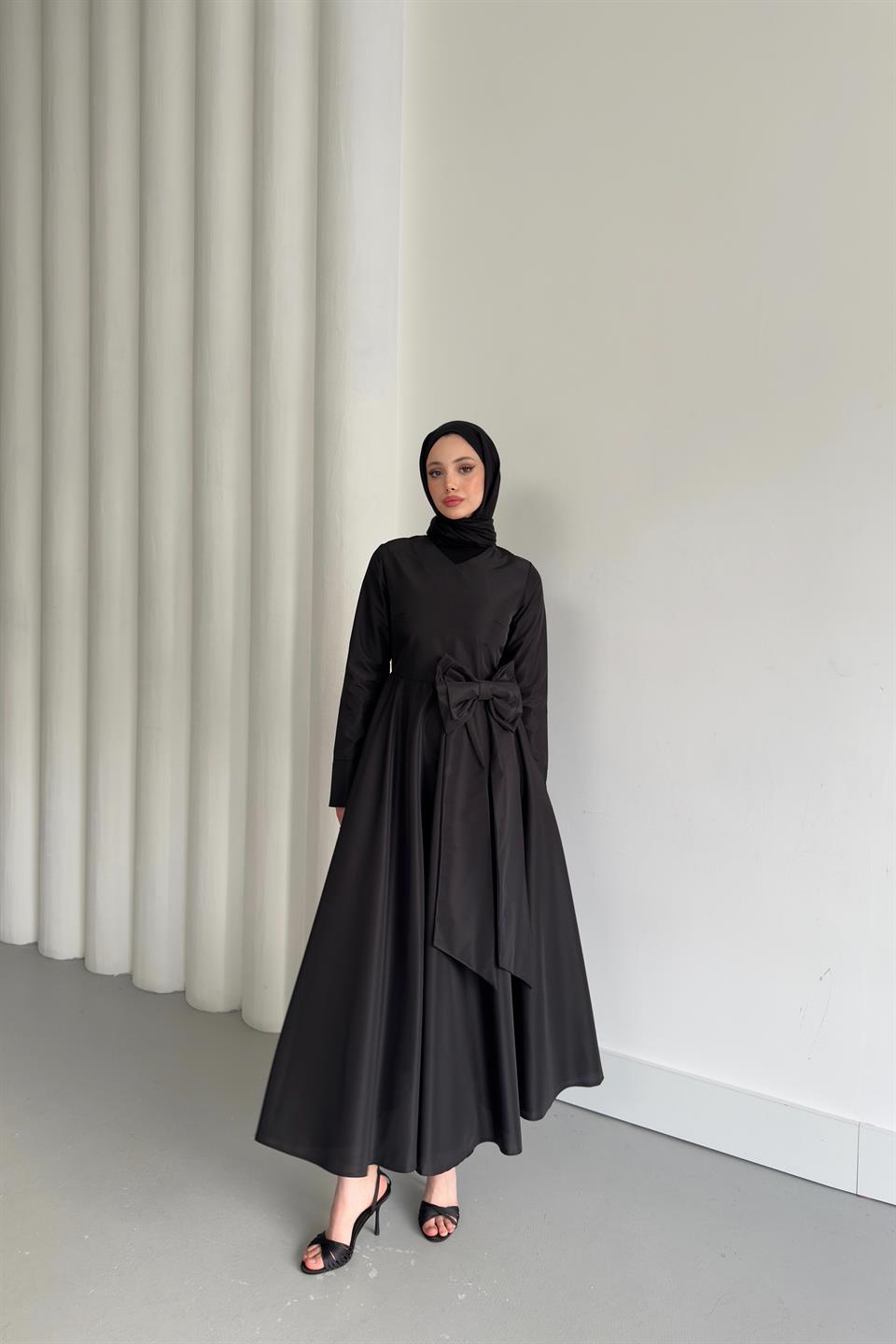 V Yaka Tafta Elbise - Siyah