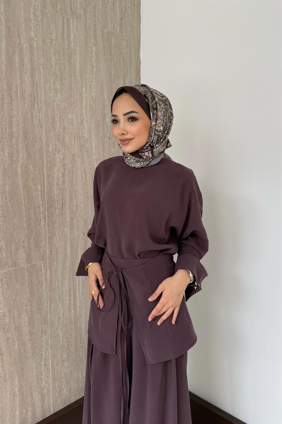 Vera Kemerli Pantolonlu Takım - Mürdüm