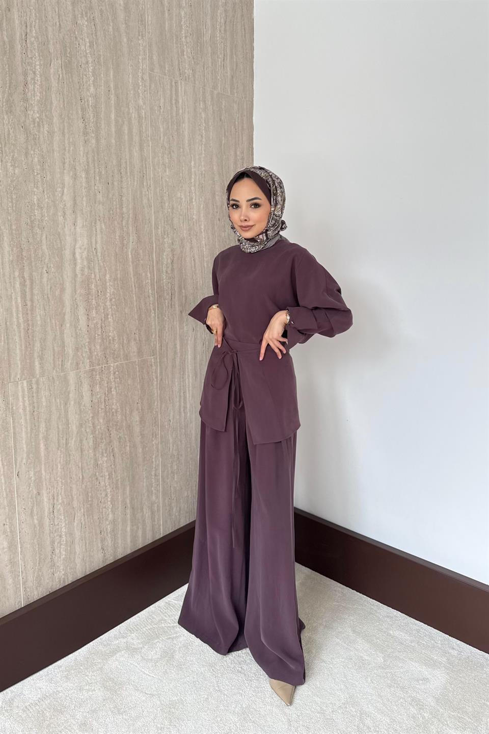 Vera Kemerli Pantolonlu Takım - Mürdüm