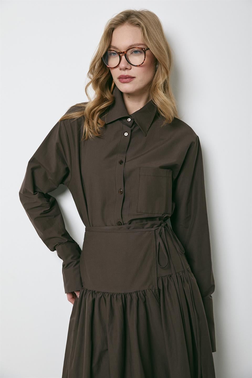 Verev Kapama Poplin Etekli Takım - Kahve