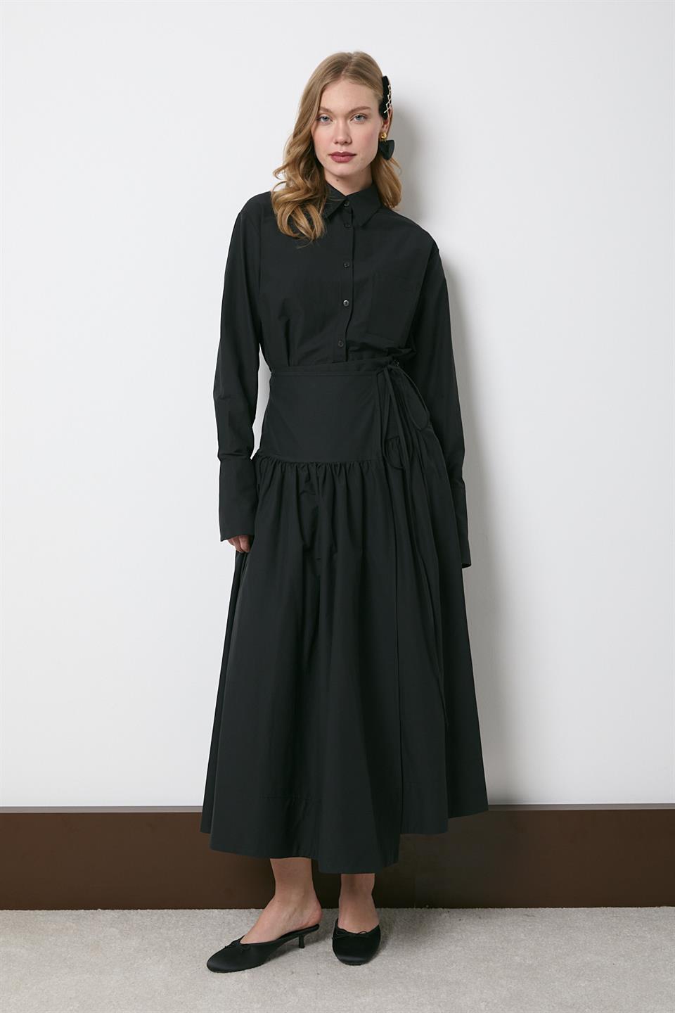 Verev Kapama Poplin Etekli Takım - Siyah