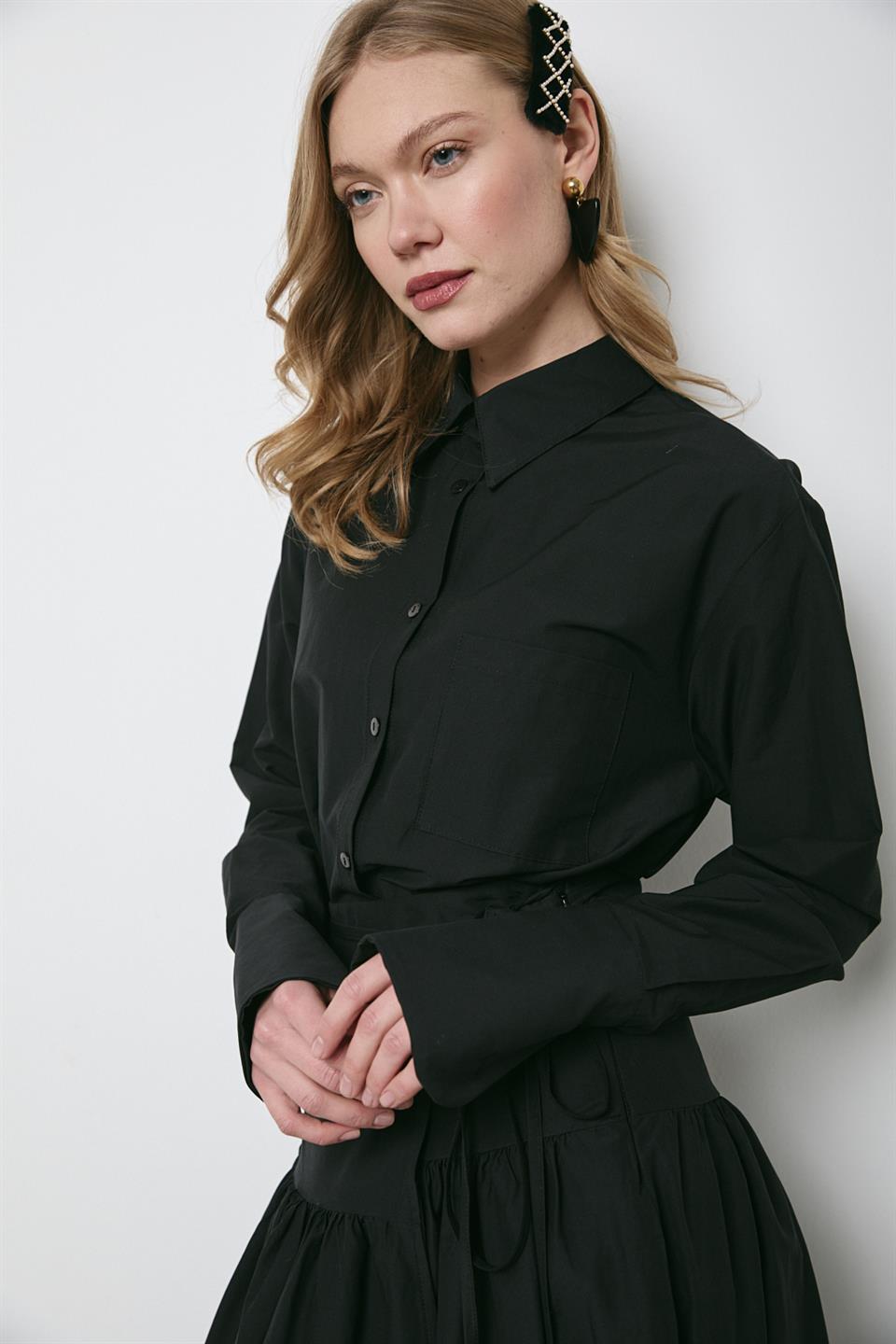 Verev Kapama Poplin Etekli Takım - Siyah