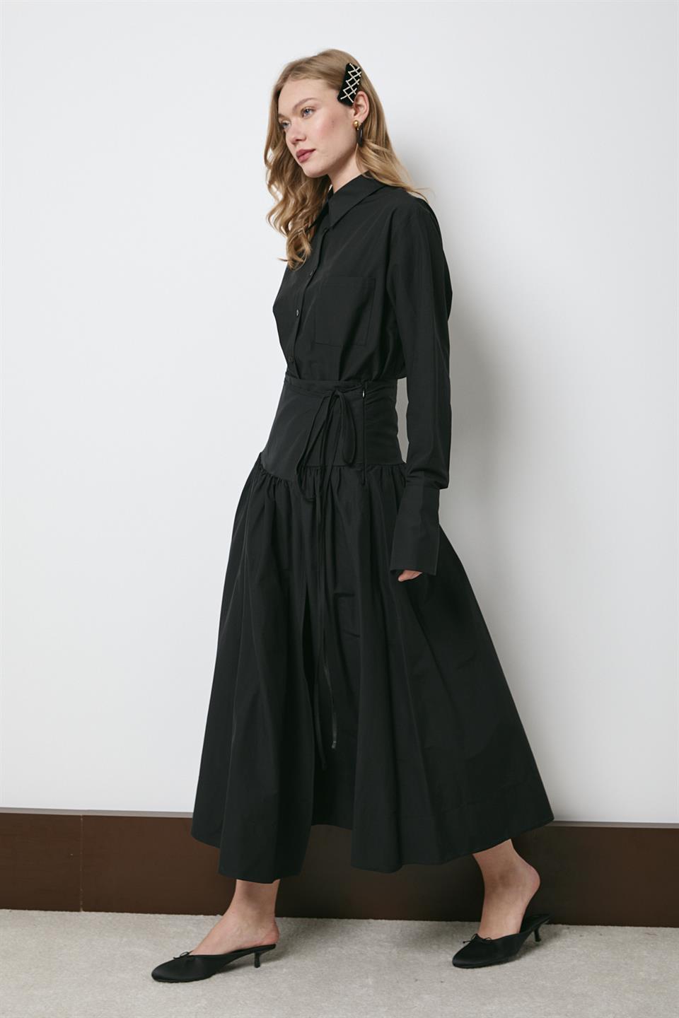 Verev Kapama Poplin Etekli Takım - Siyah