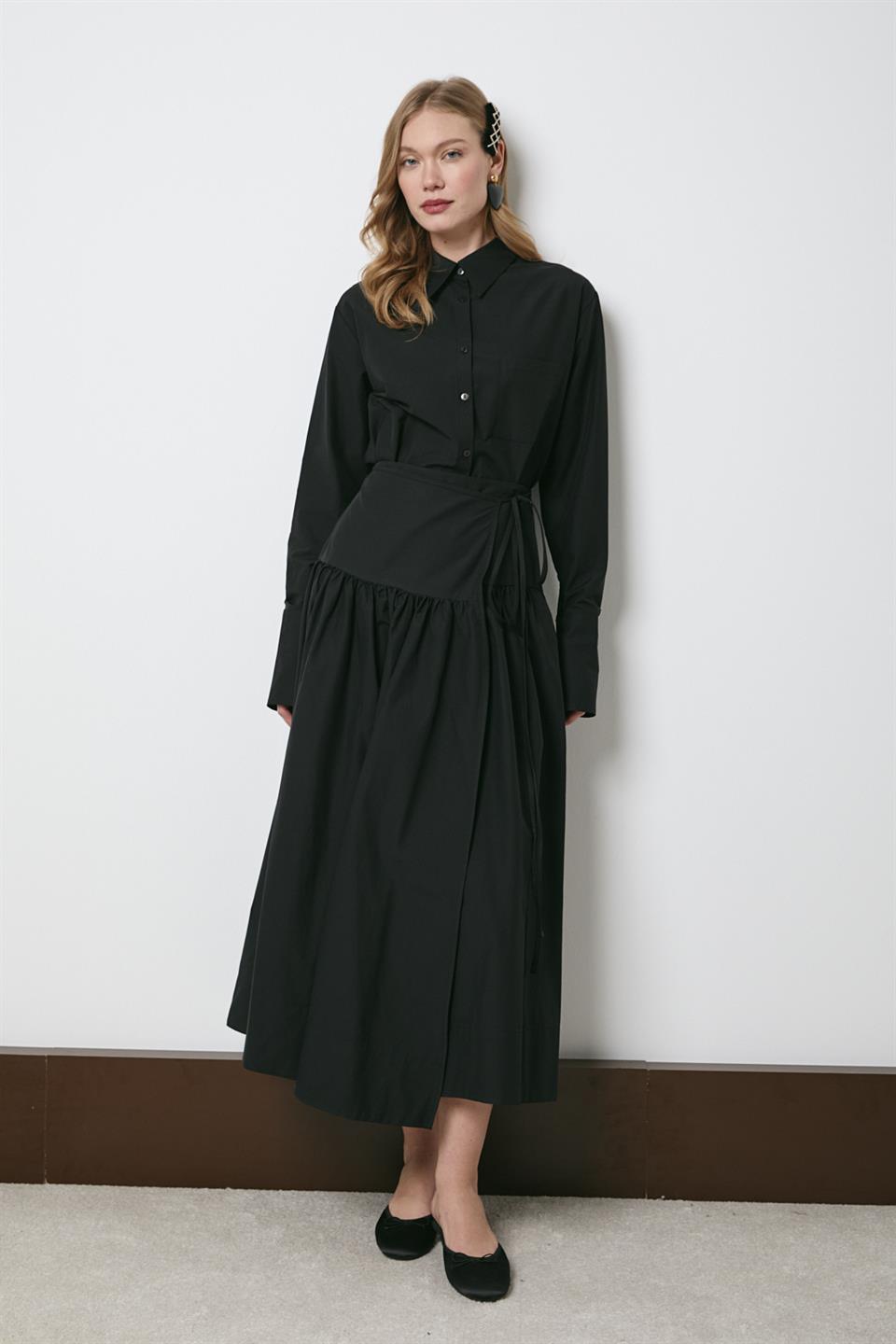 Verev Kapama Poplin Etekli Takım - Siyah