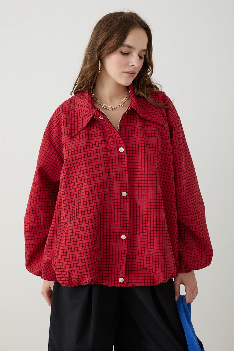 Vintage Ekose Bomber Ceket - Kırmızı