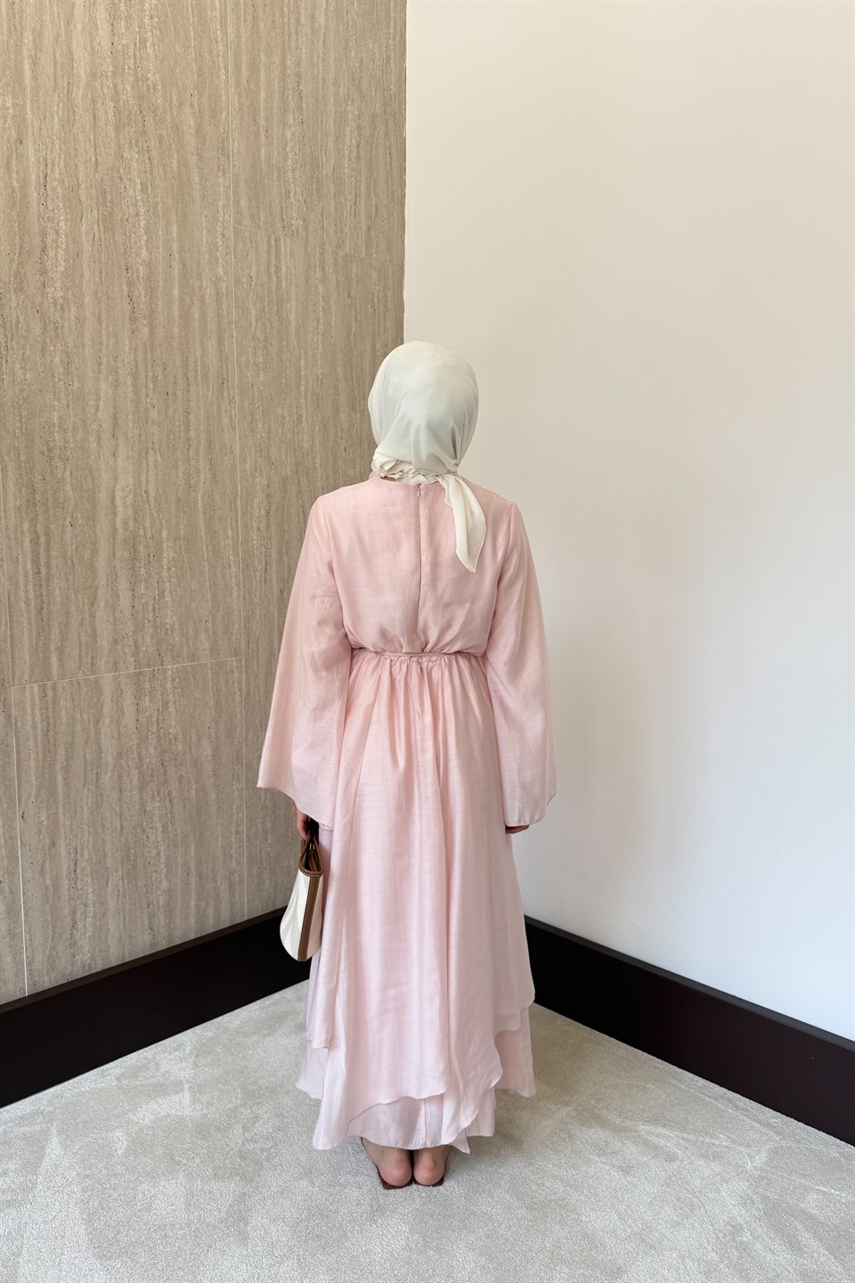 Volan Kol Asimetrik Elbise - Pembe