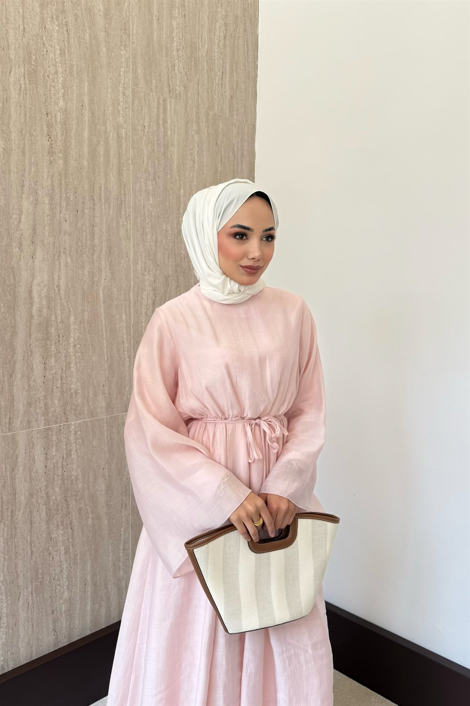 Volan Kol Asimetrik Elbise - Pembe