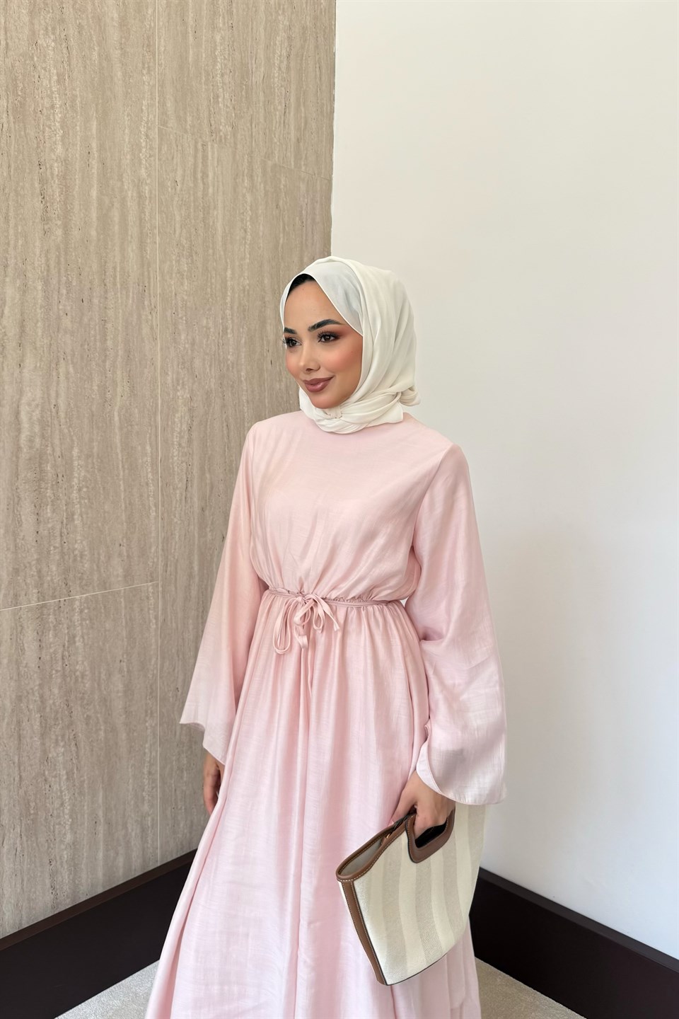 Volan Kol Asimetrik Elbise - Pembe