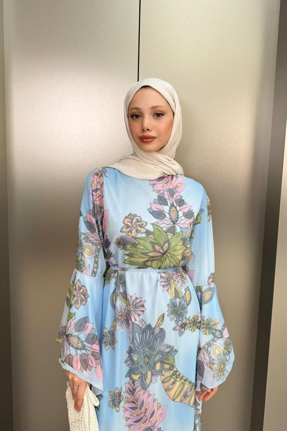 Volan Kol Desenli Şifon Elbise - Mavi