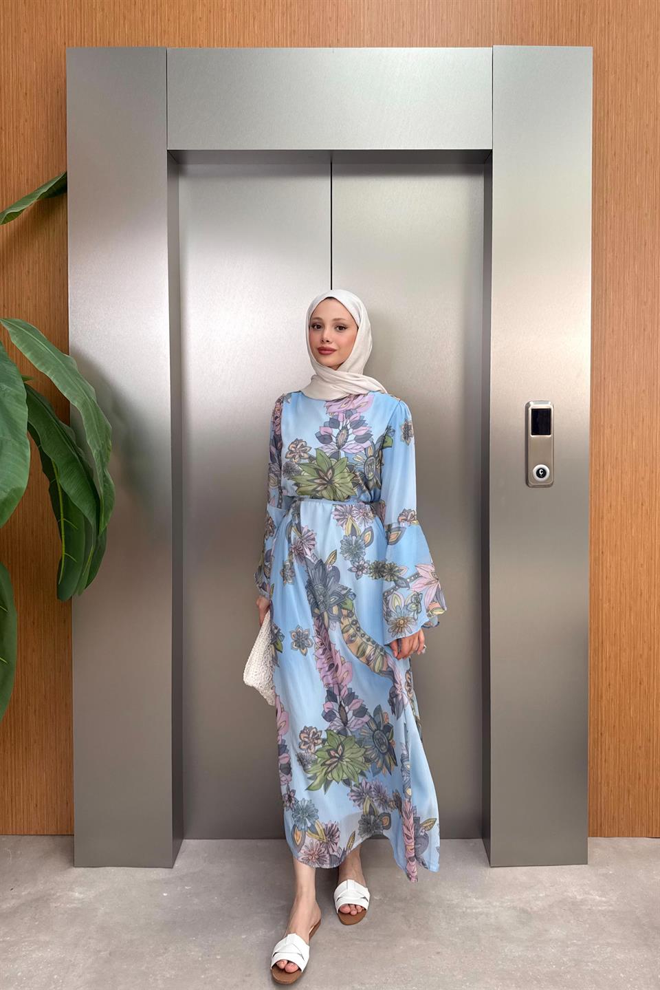 Volan Kol Desenli Şifon Elbise - Mavi