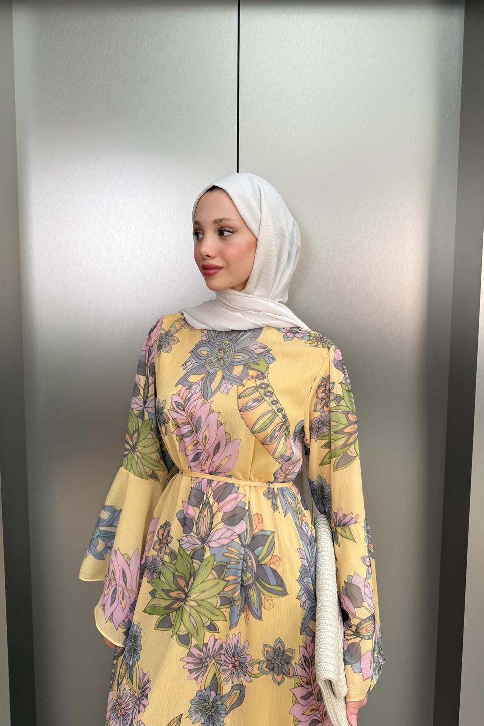 Volan Kol Desenli Şifon Elbise - Sarı