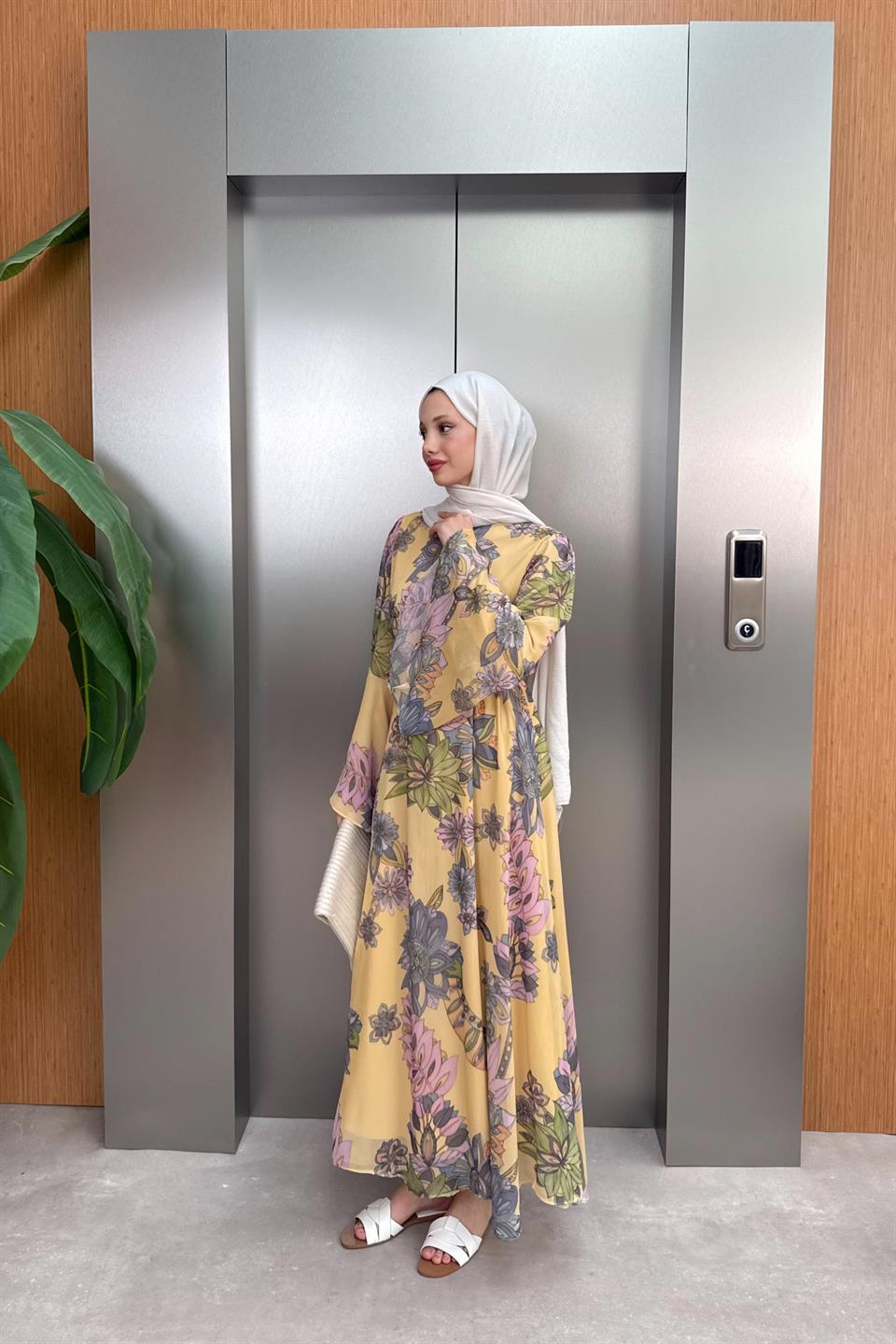 Volan Kol Desenli Şifon Elbise - Sarı