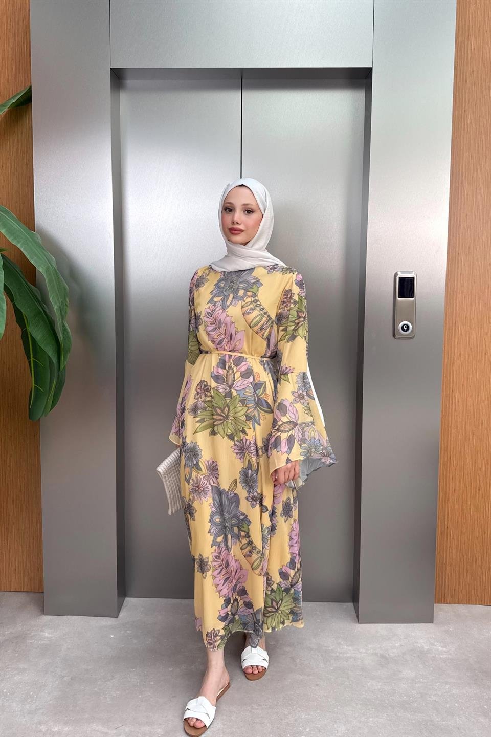 Volan Kol Desenli Şifon Elbise - Sarı