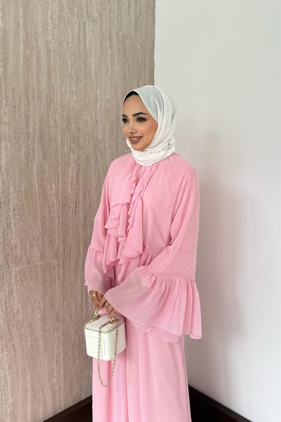 Volan Kol Fırfırlı Şifon Pantolonlu Takım - Pembe
