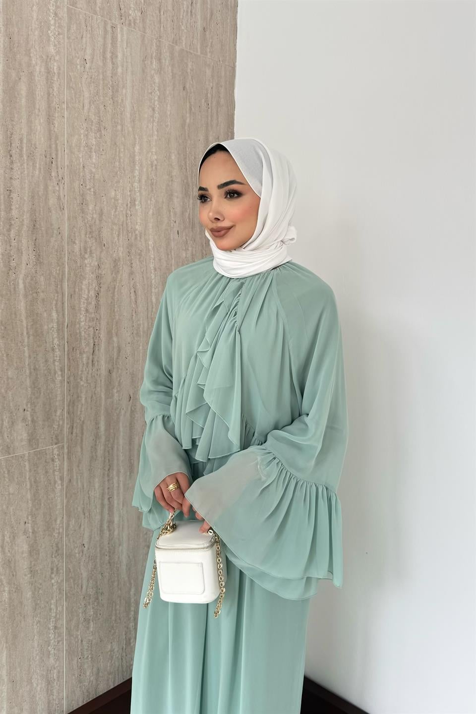 Volan Kol Fırfırlı Şifon Pantolonlu Takım - Mint