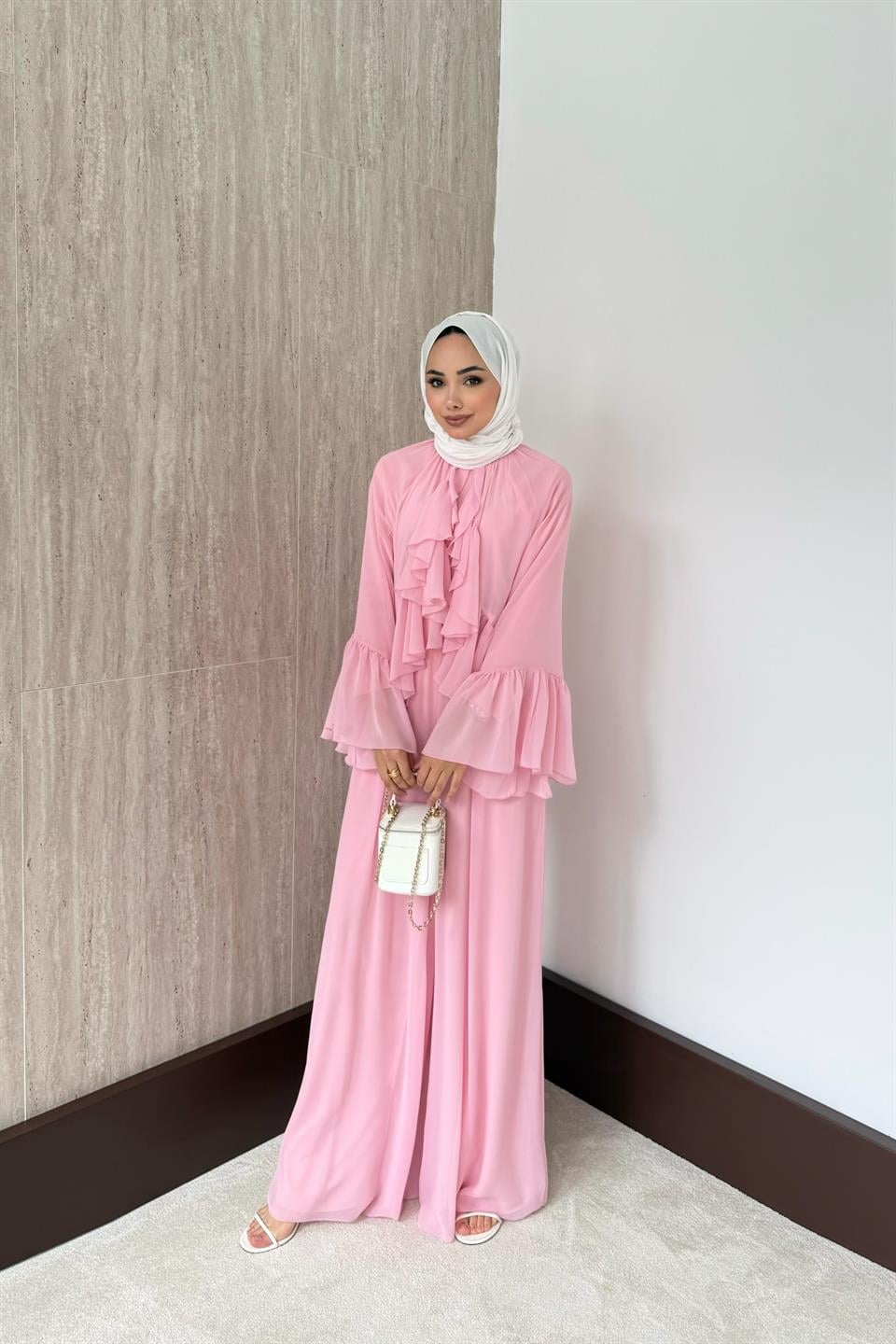 Volan Kol Fırfırlı Şifon Pantolonlu Takım - Pembe