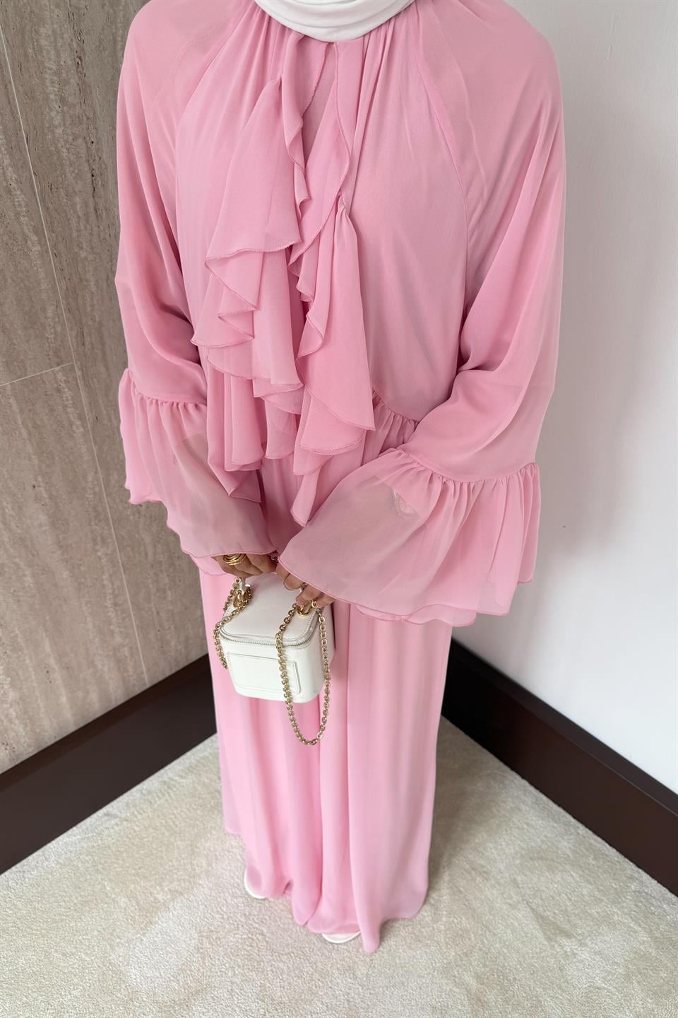 Volan Kol Fırfırlı Şifon Pantolonlu Takım - Pembe