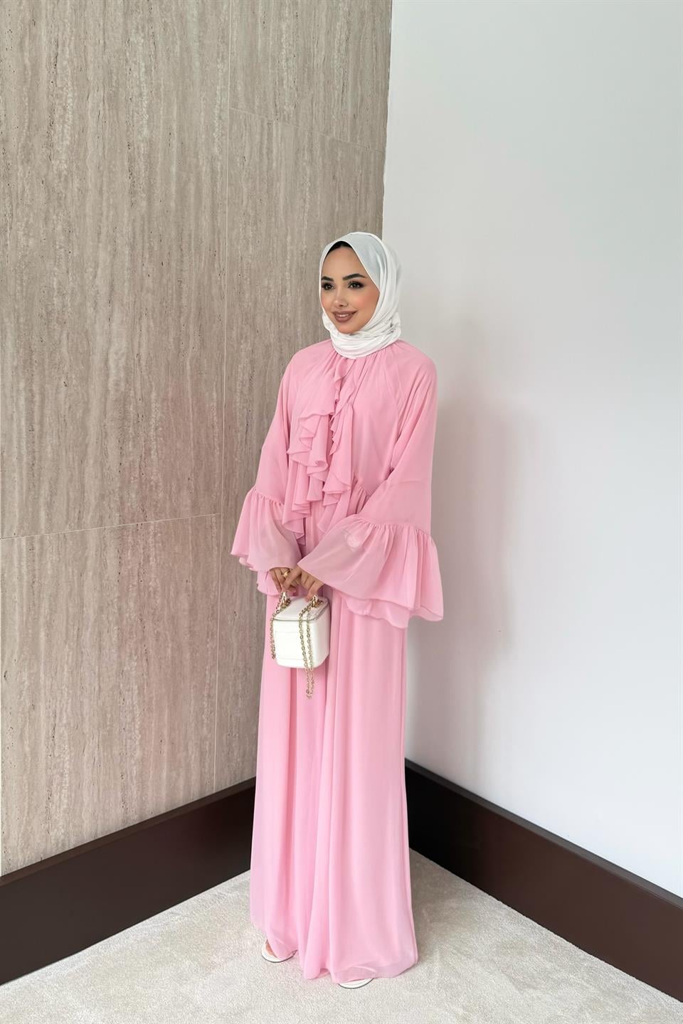 Volan Kol Fırfırlı Şifon Pantolonlu Takım - Pembe