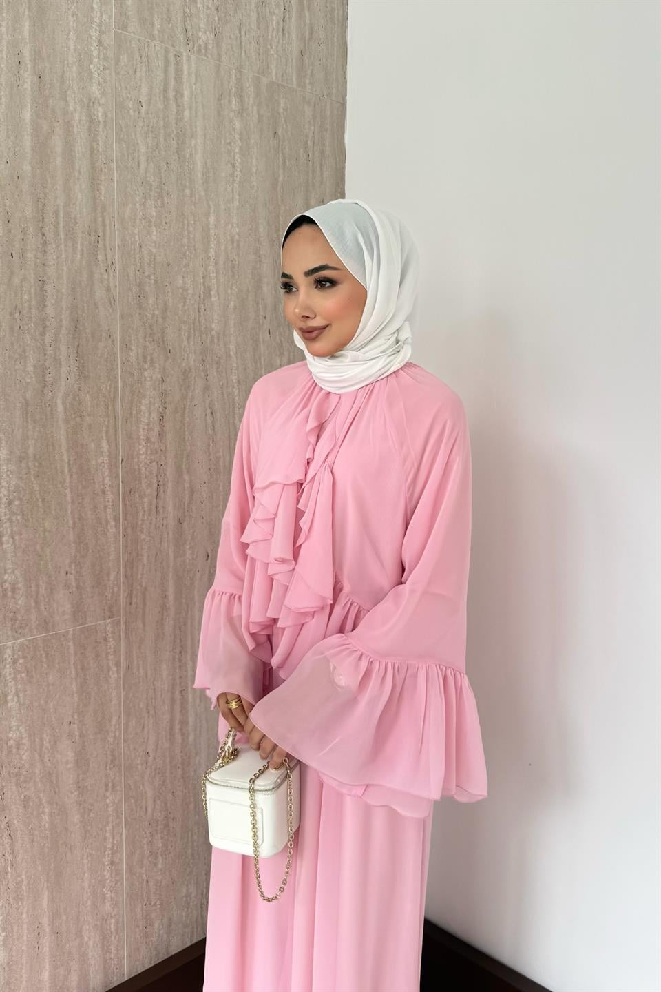 Volan Kol Fırfırlı Şifon Pantolonlu Takım - Pembe