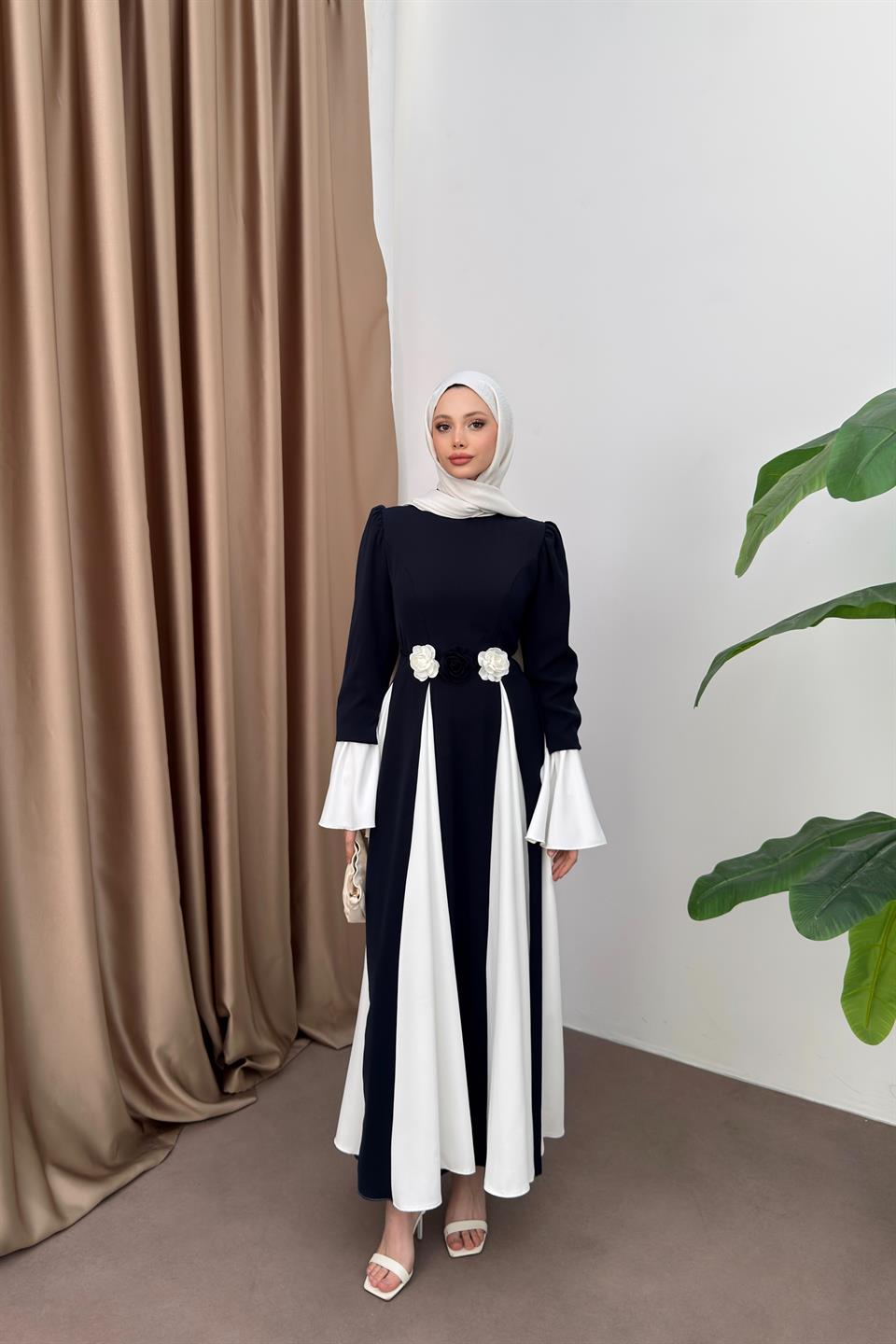 Volan Kol Gül Aksesuarlı Elbise - Lacivert