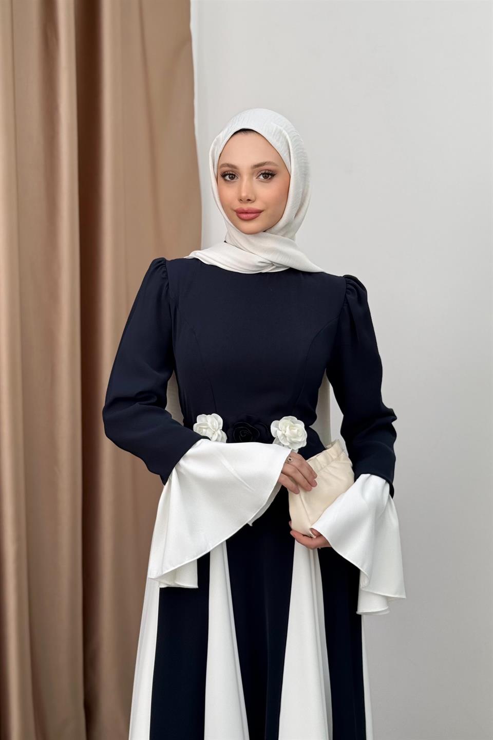 Volan Kol Gül Aksesuarlı Elbise - Lacivert