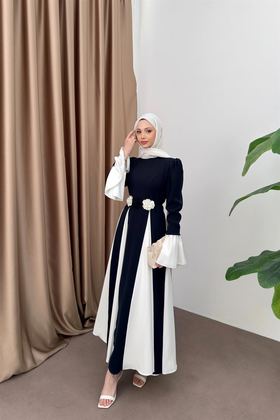 Volan Kol Gül Aksesuarlı Elbise - Lacivert