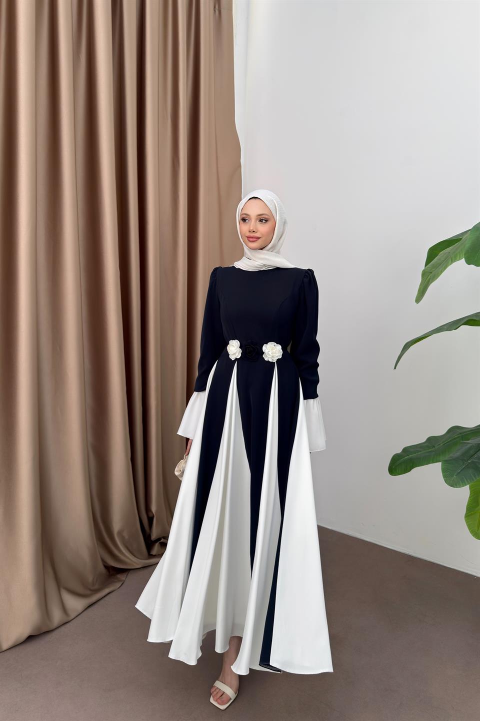 Volan Kol Gül Aksesuarlı Elbise - Lacivert