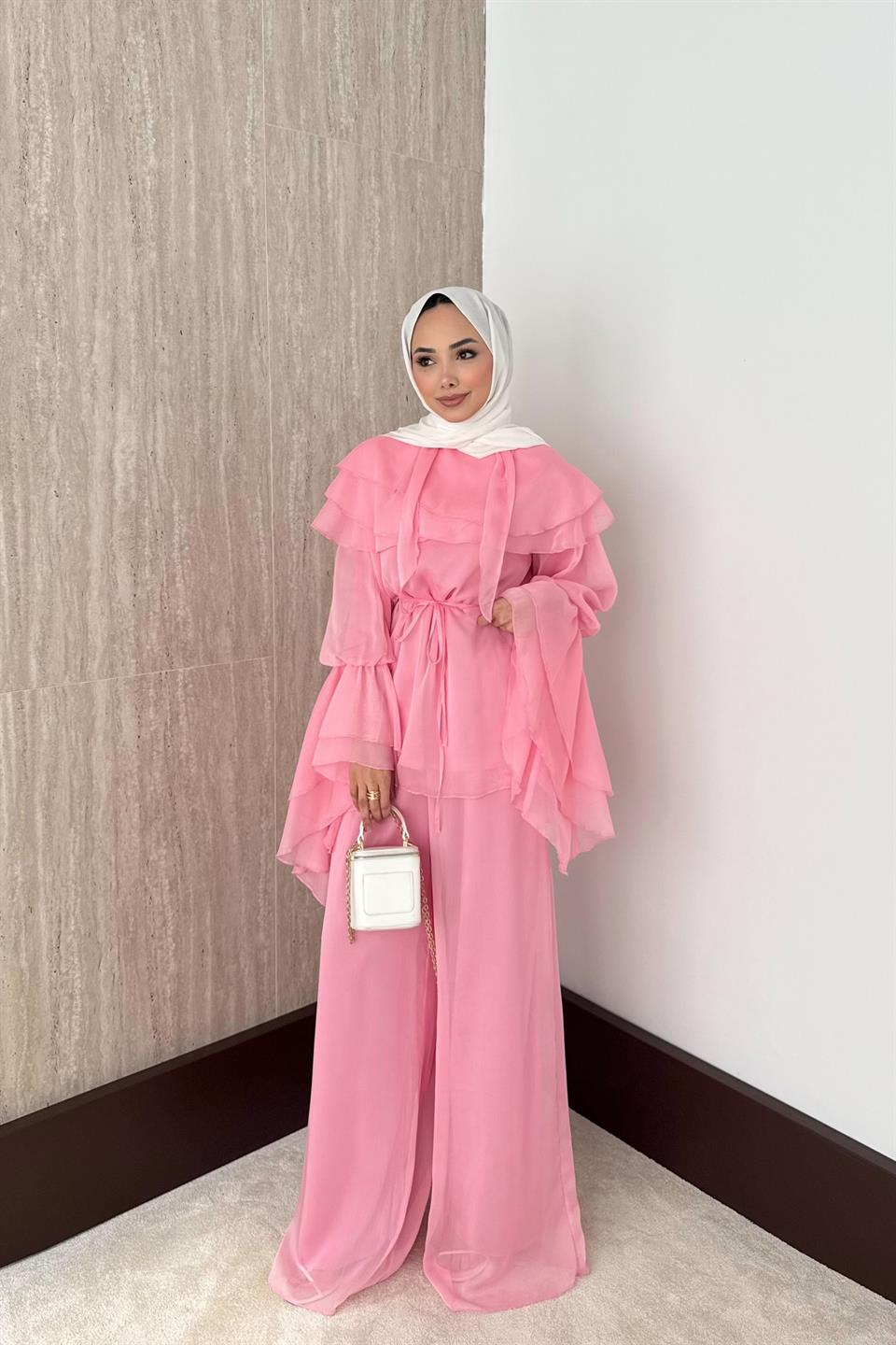 Volan Kol Şifon Pantolonlu Takım - Pembe