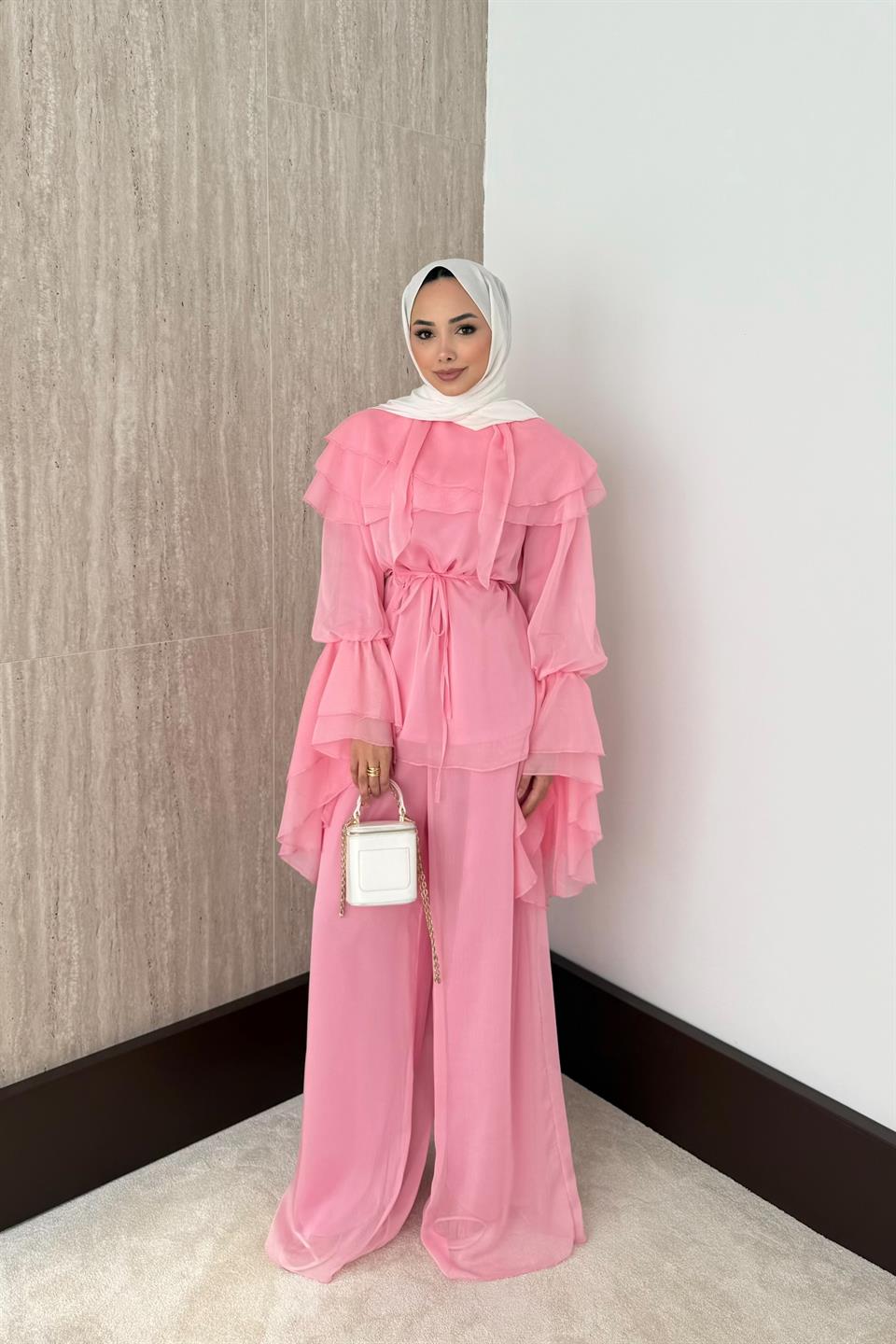 Volan Kol Şifon Pantolonlu Takım - Pembe