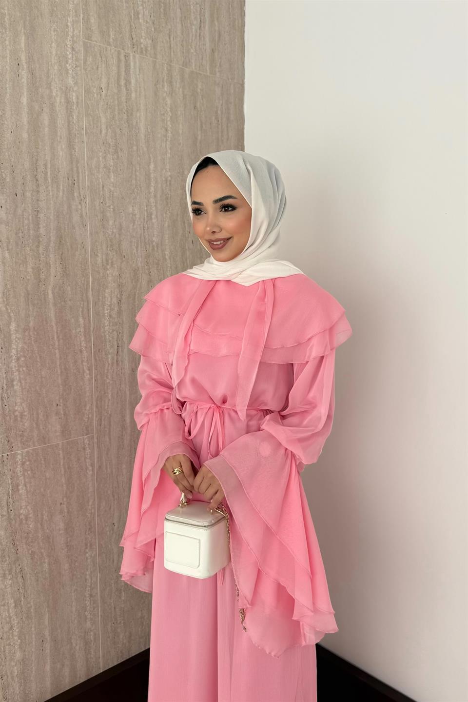 Volan Kol Şifon Pantolonlu Takım - Pembe