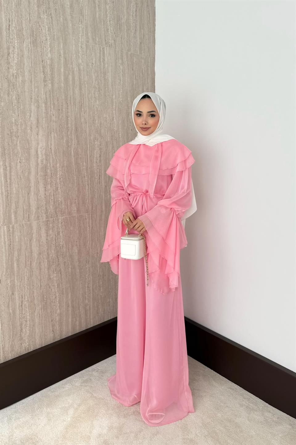 Volan Kol Şifon Pantolonlu Takım - Pembe