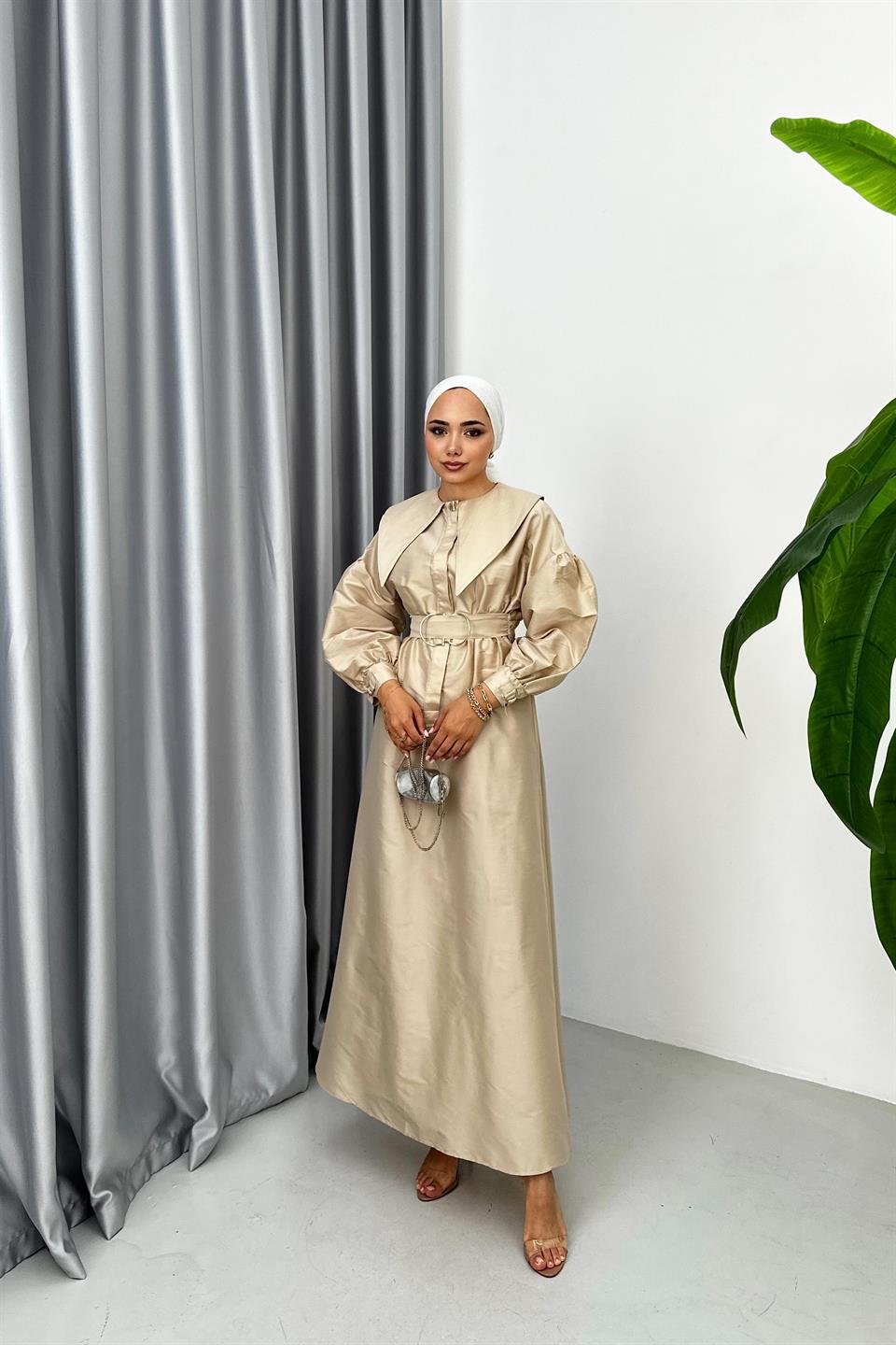 Taffeta Dress with Collar Detail - Beige