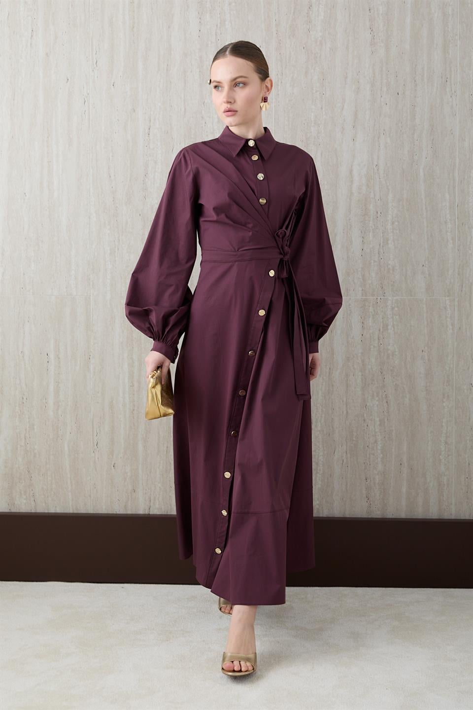 Yandan Bağlamalı Poplin Elbise - Bordo