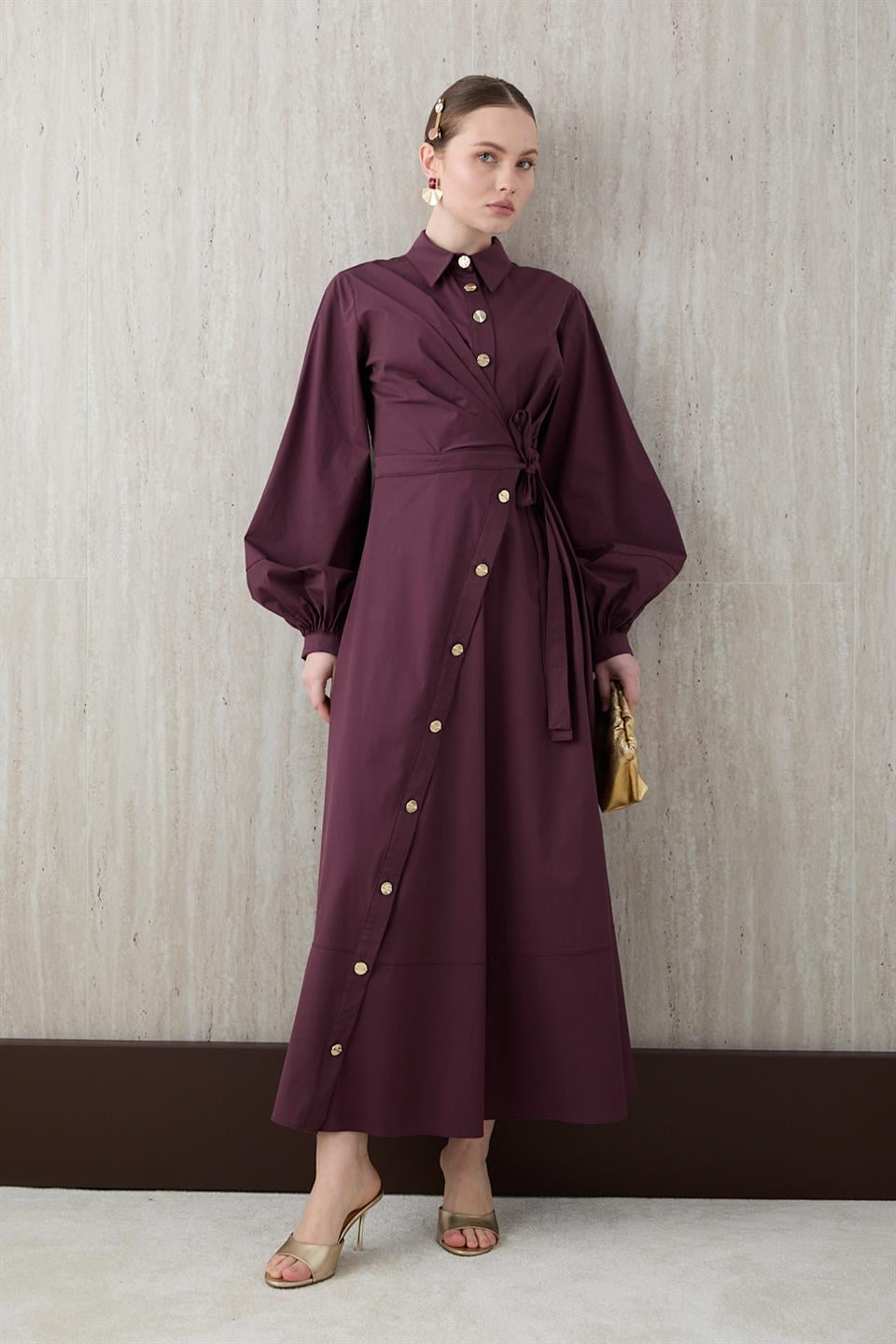 Yandan Bağlamalı Poplin Elbise - Bordo