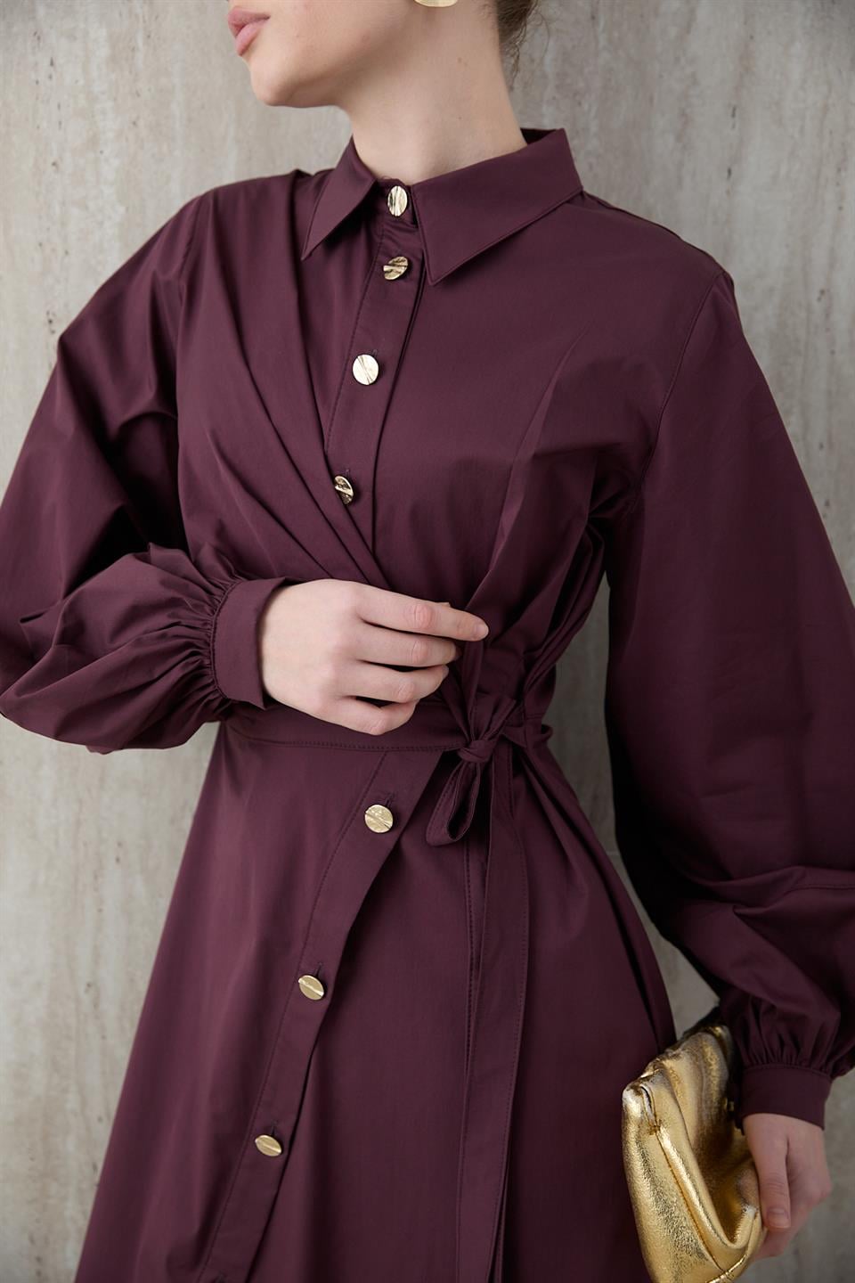 Yandan Bağlamalı Poplin Elbise - Bordo