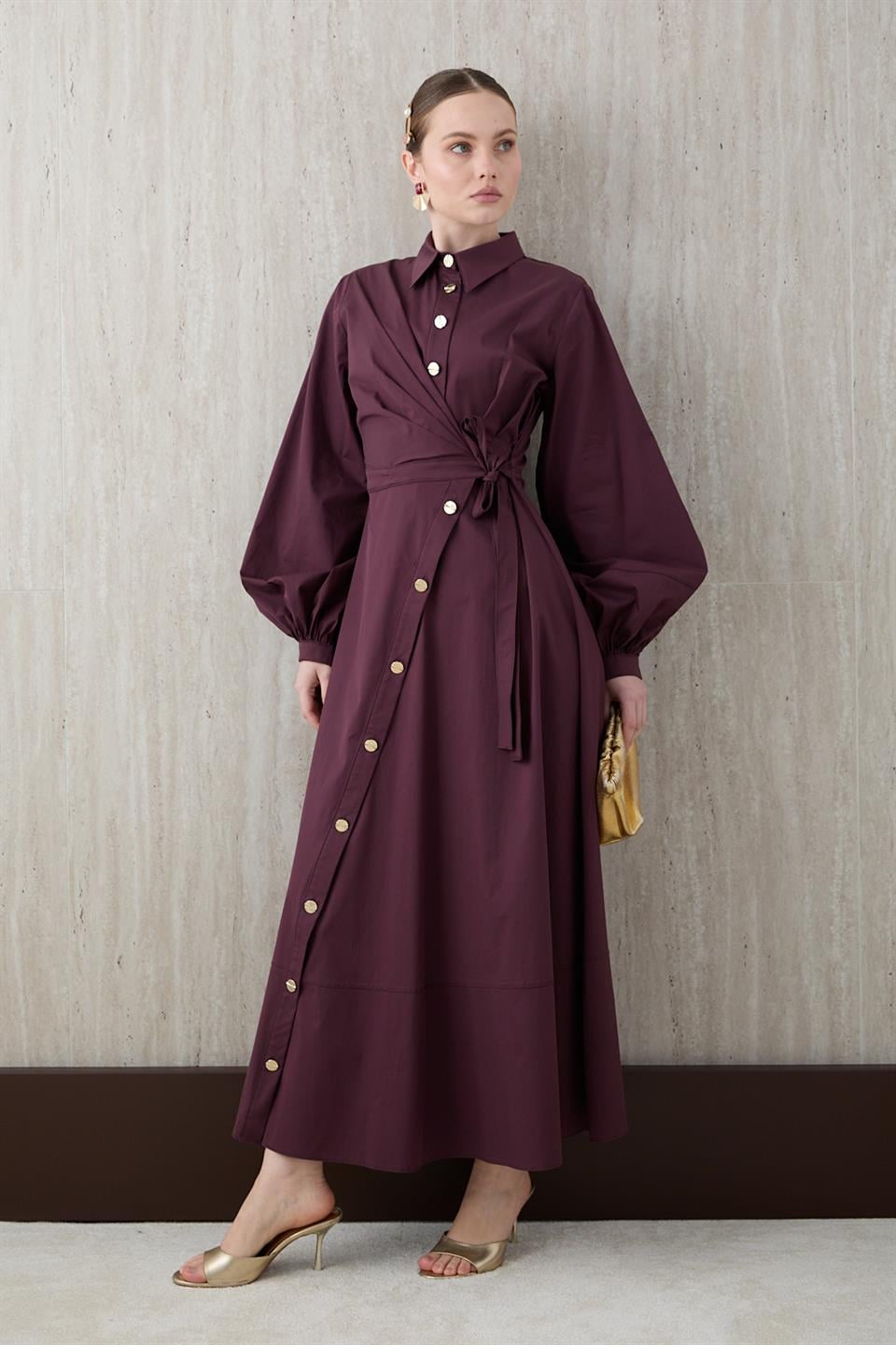 Yandan Bağlamalı Poplin Elbise - Bordo