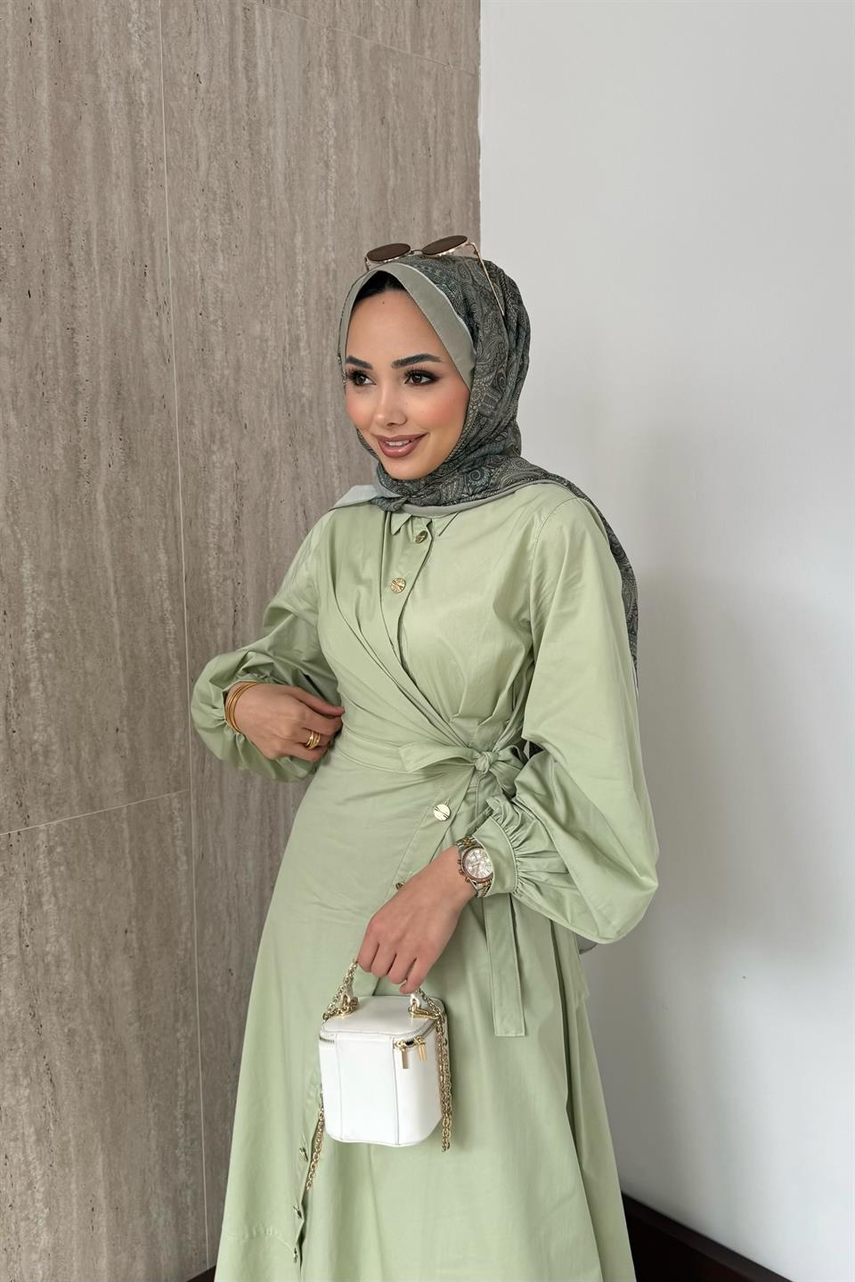 Yandan Bağlamalı Poplin Elbise - Çağla