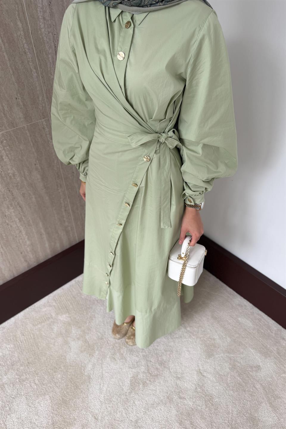 Yandan Bağlamalı Poplin Elbise - Çağla