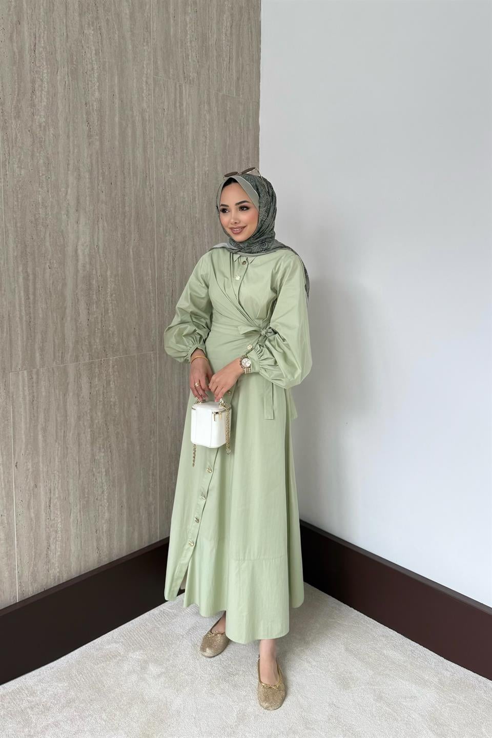 Yandan Bağlamalı Poplin Elbise - Çağla