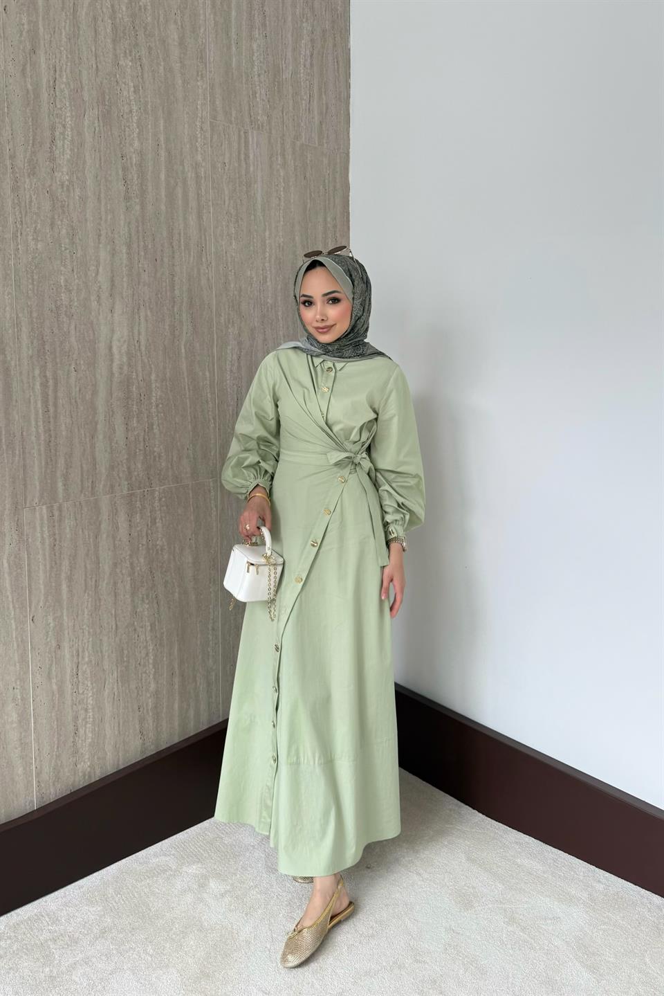 Yandan Bağlamalı Poplin Elbise - Çağla