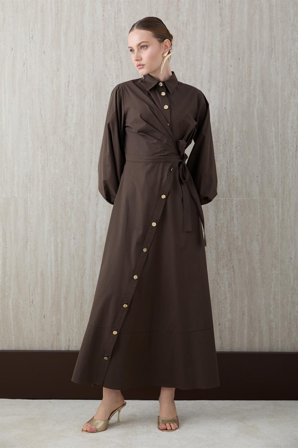 Yandan Bağlamalı Poplin Elbise - Kahve