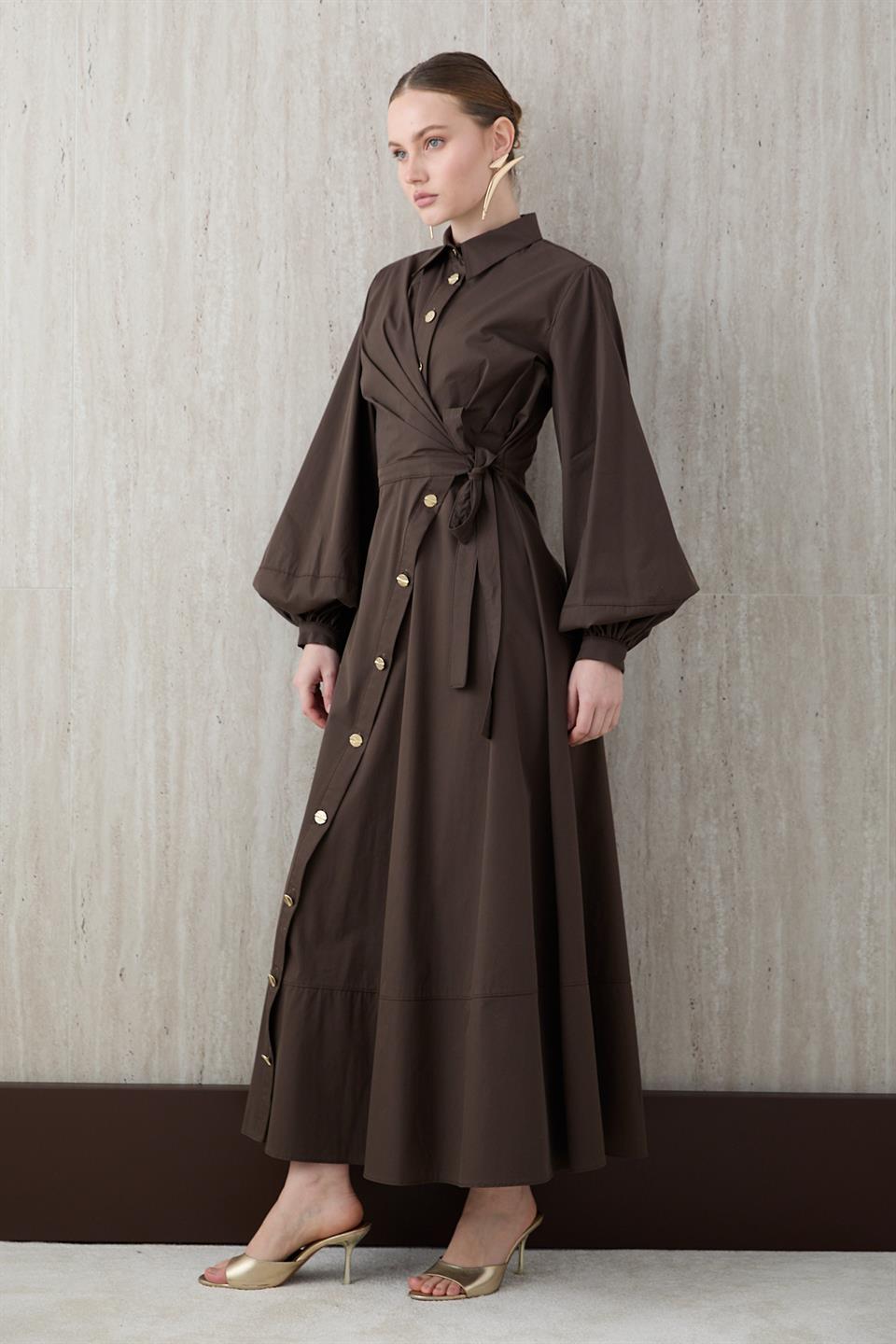 Yandan Bağlamalı Poplin Elbise - Kahve