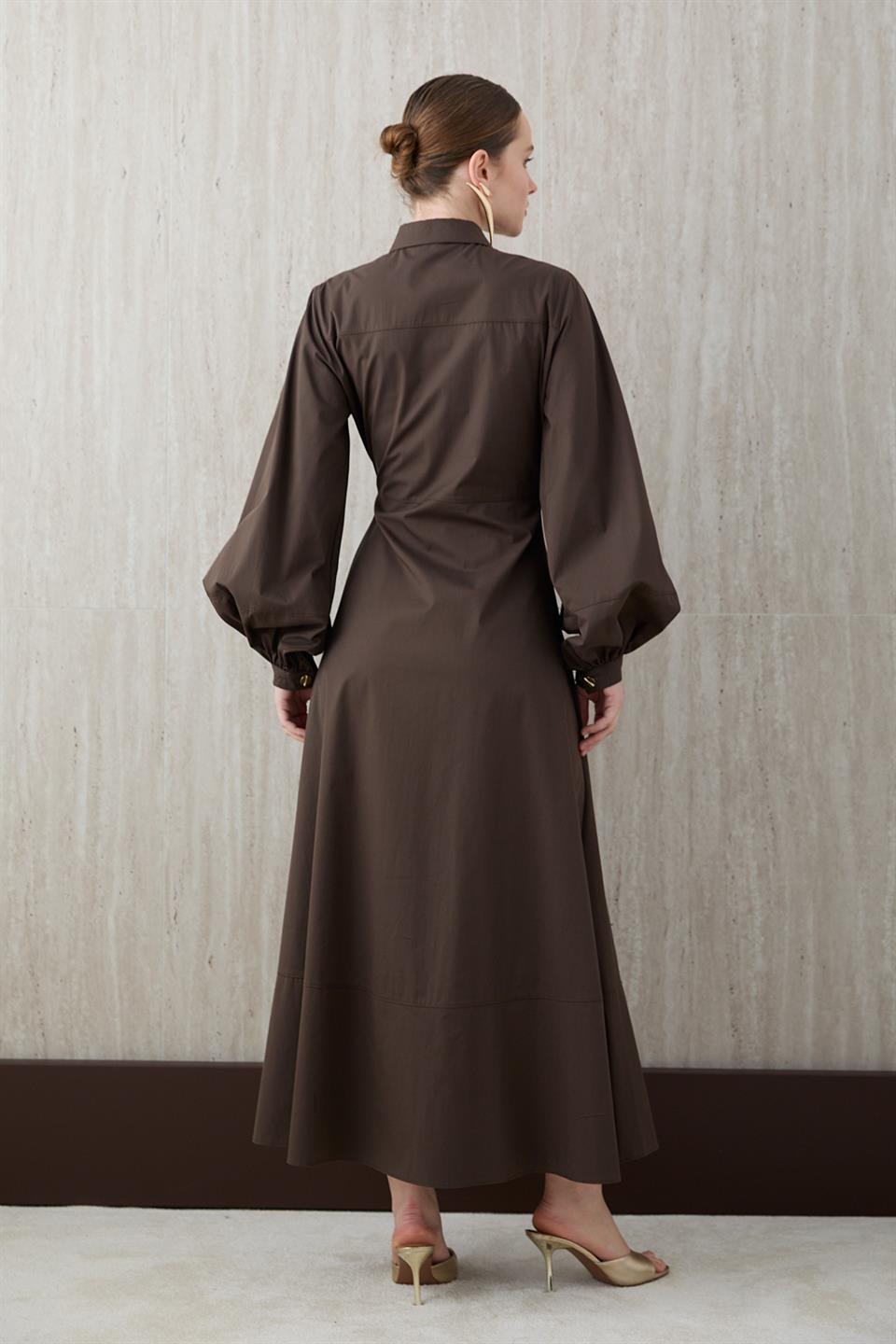 Yandan Bağlamalı Poplin Elbise - Kahve